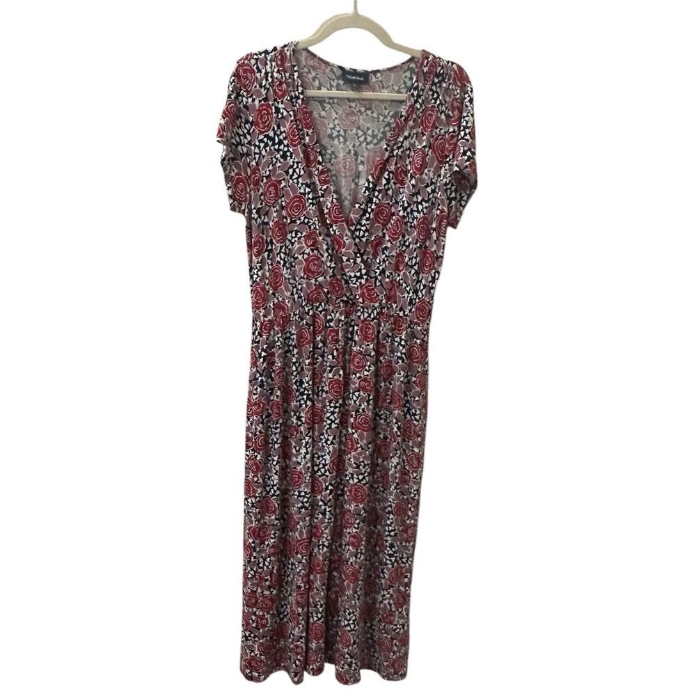 Mod Cloth Faux Wrap Dress Flower Print Red Blue White‎ Women's L Rayon 2452